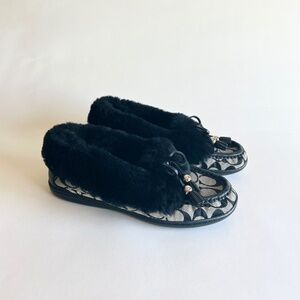 Coach Grey Black Canvas Sheepskin Fur Rubber Outsole Slippers size 7.5